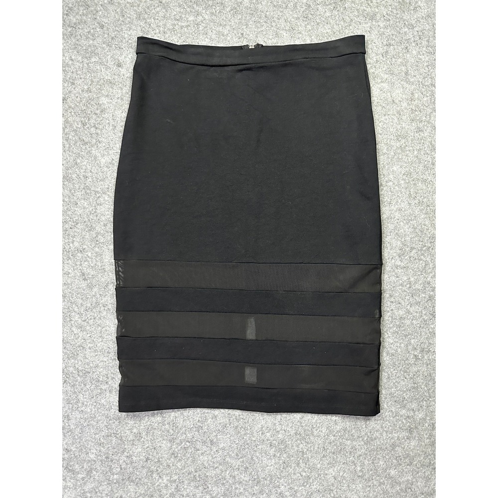 Haute Monde Black Sheer Mesh Banded‎ Pencil Skirt Back Zip Knee Length Size M